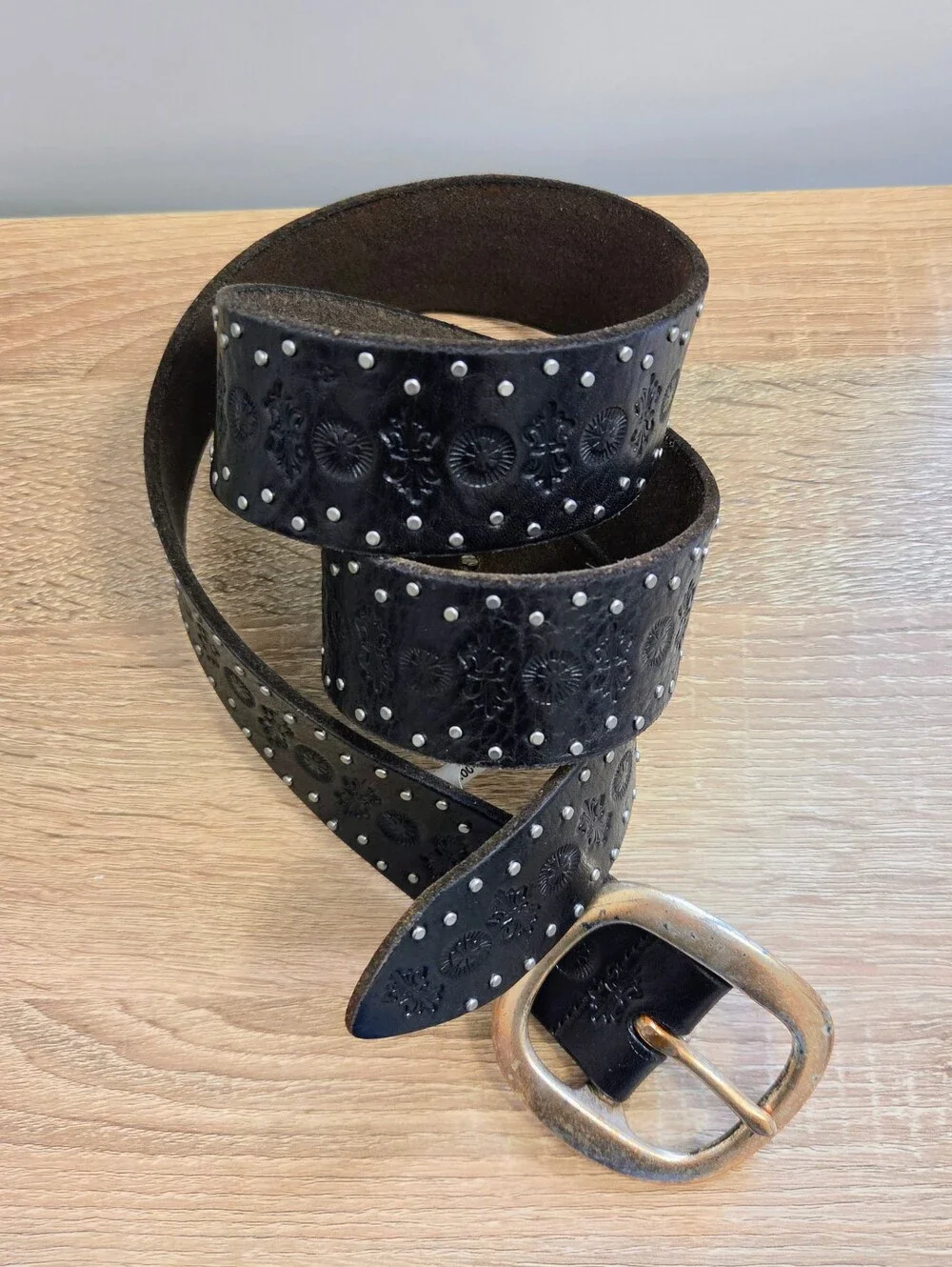 Lucky Brand Vintage Black Embossed Studded Leather Belt Brass Buckle - Large 36